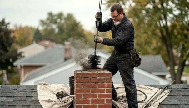Rooftop chimney sweep in Apex, NC
